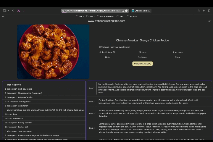 gif of Easily see all ingredients and directions at the same time.  Add notes, blur ingredients or directions when completed, and it even has built in timers